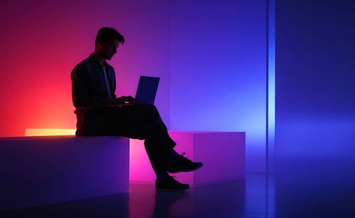 man sitting using laptop in LED lit room