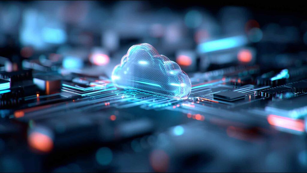 A digital cloud sits on top of a computer chip, symbolizing cloud solutions and MSP automation.